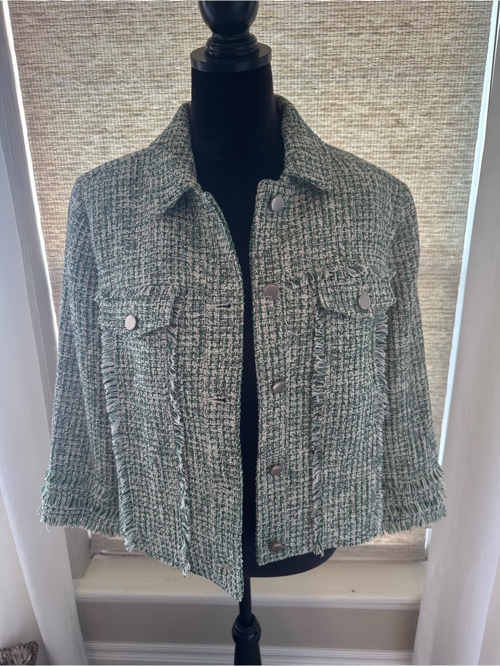 Chico’s Textured Fringe Hem Green/Teal/Cream Jacket